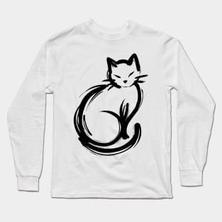 Stick figure cat in black ink Long Sleeve T-Shirt